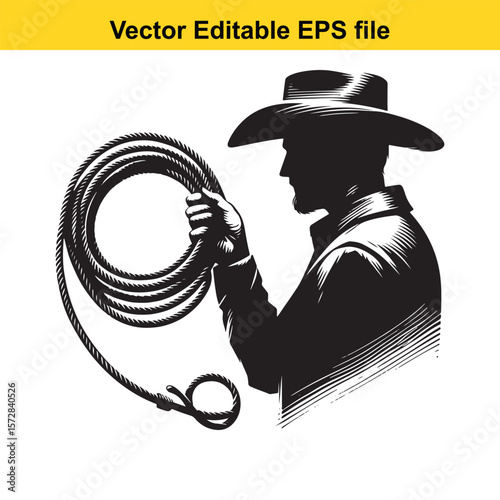 Cowboy Silhouette Holding Lasso in Black and White Vector Illustration of Western Lifestyle and Ranching Culture