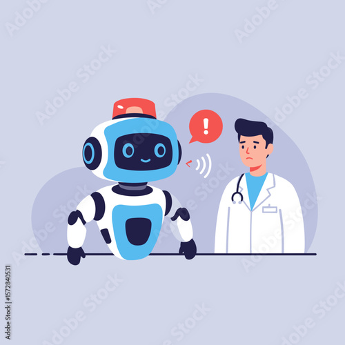AI robot alerting doctor about critical patient status on gray background