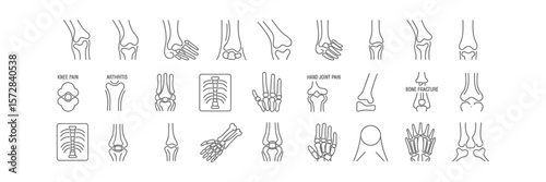 Bone and Joints Outline Icons Set with Knee, Hand, Ribs and Bone Fracture