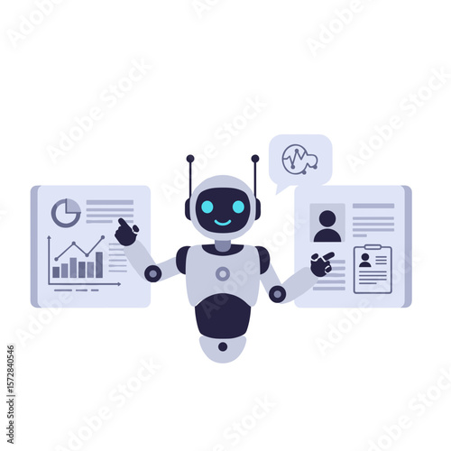 Flat icon of AI robot-assistant comparing lab results with patient history, isolated