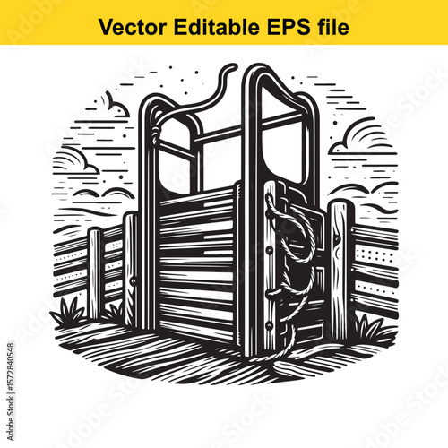 Monochrome Vector Illustration of a Cattle Chute with Fence and Minimalist Landscape Etching with Farm or Ranch Elements