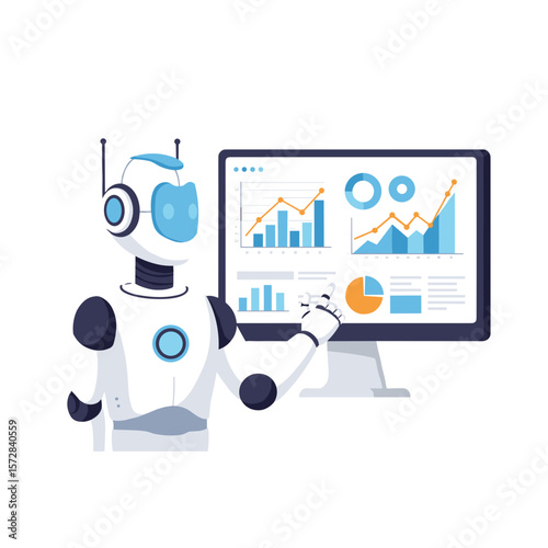 Flat icon of AI assistant-robot predicting treatment outcome on monitor, isolated