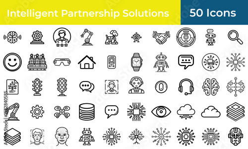AI icon set for human resources and customer relations, a collection of outline symbols for chatbot assistants and recruitment automation.

