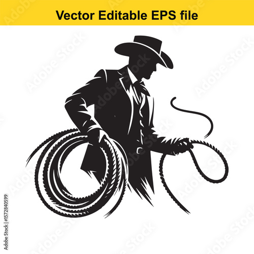 Silhouette of a Cowboy with Lasso Rope Awaiting Action Black and White Western Heritage Illustration