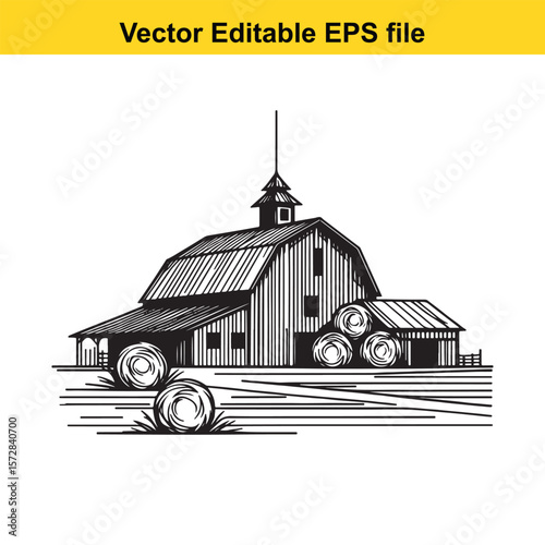 Monochrome Barn Scene Rural American Farm Life Vector Art Depiction of a Picturesque Countryside Farm Landscape