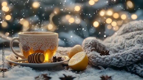  A cup of ginger and lemon hot tea, with a honey jar, with a cozy winter background and space for text