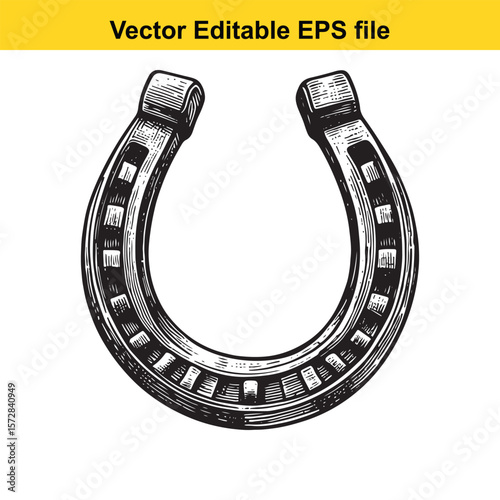 Antique Black and White Horseshoe Illustration Detailed Engraving Style Vector Graphic Good Luck Symbol Classic Design Element