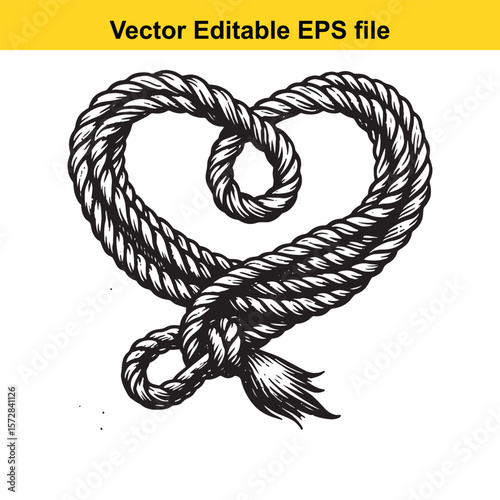 Rope Heart Illustration Nautical Knot Symbol of Love and Affection in Detailed Black and White Drawing