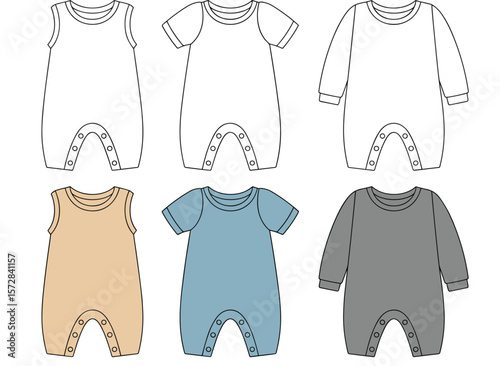 Adorable Baby Bodysuit Collection: Sleeveless, Short Sleeve, and Long Sleeve Rompers with Snaps, Perfect for Infant Apparel and Everyday Comfort.