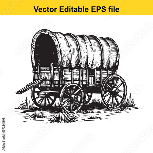 Vintage Covered Wagon Illustration Hand Drawn Style A Glimpse into the Old West and Pioneer Life on the American Frontier