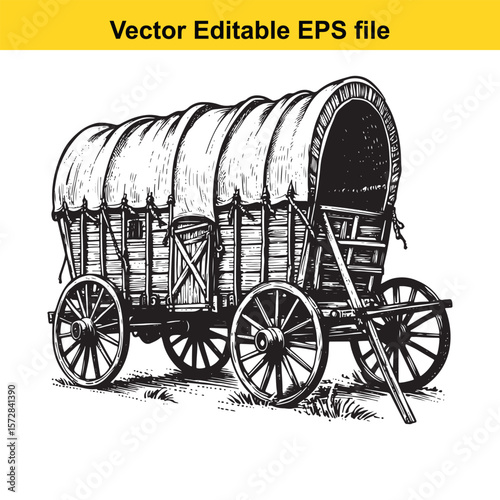 Monochromatic Illustration of a Covered Wagon with Elaborate Wheels and Detailing, Evoking Historical Transportation and Frontier Life