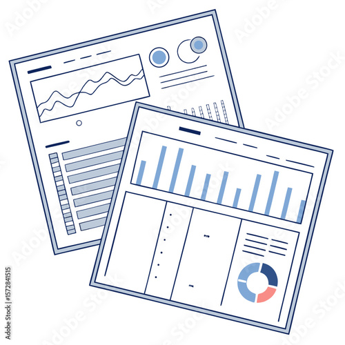 Two sheets of paper displaying various charts graphs and data visualizations with a blue outline design