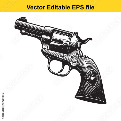 Vintage Revolver Illustration Black and White Detailed Engraving Style Classic Firearm Design Western Theme Gun Art