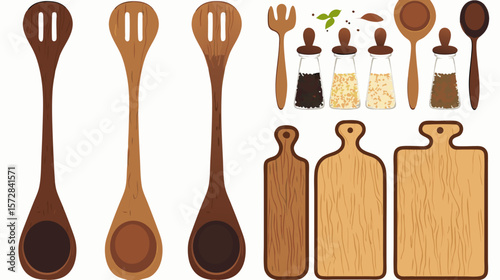 Flat vector set of wooden spoons, cutting boards, and salt shakers with visible wood texture on a light background
