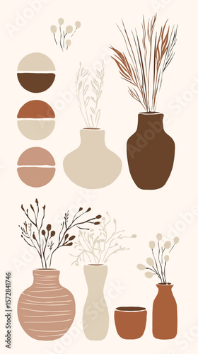 Hand-drawn vector set of clay vases with dried plants on a light-brown background