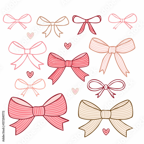 Vector set of cute coquette bows. Pastel pink and red ribbons line art drawings. Hand drawn silk tape accessory. Girly decor cliparts