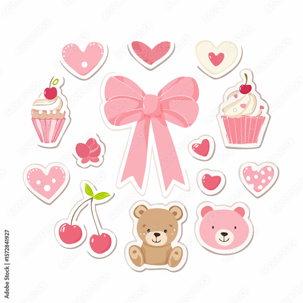 Fototapeta premium Set of cute coquette stickers for planner and diary. Bow, ribbon, cherry, note, sheet, bear, heart scrapbook elements in girly pink style. Hand drawn journaling clip art. Vector illustration