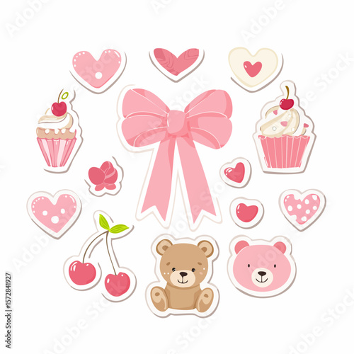 Set of cute coquette stickers for planner and diary. Bow, ribbon, cherry, note, sheet, bear, heart scrapbook elements in girly pink style. Hand drawn journaling clip art. Vector illustration