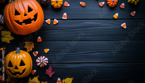 Halloween Harvest Display: A Halloween display, featuring pumpkins, candy corn, maple leaf and gourds on a wooden plank background.