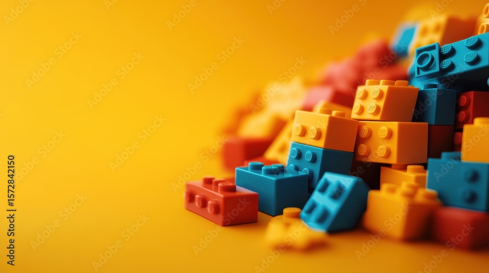 Obraz premium Vibrant Collection of Colorful Interlocking Blocks in a Bright Yellow Setting: A Playful Array of Creativity and Imagination Unleashed