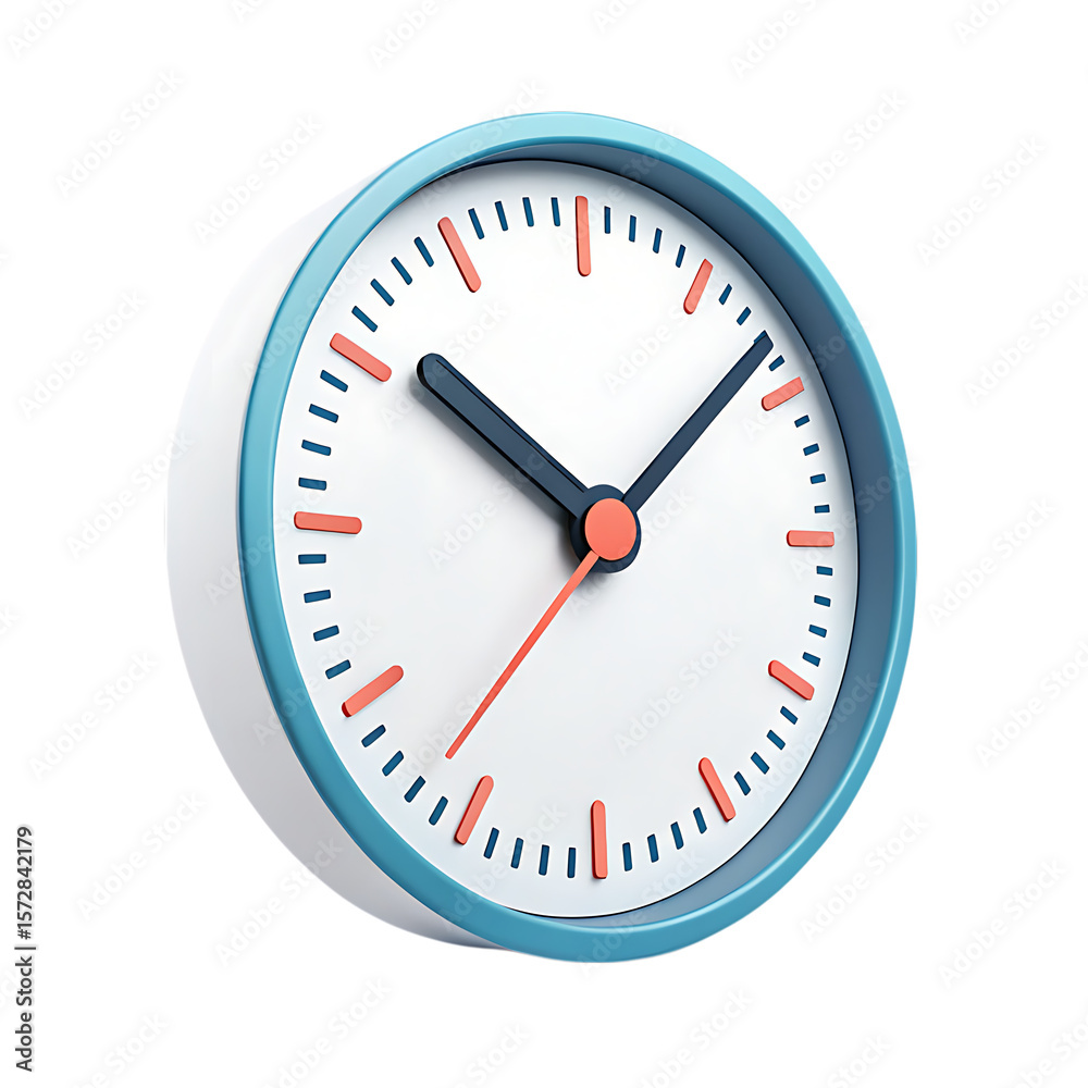 Simple white wall clock with blue frame showing time concept for office business schedule and punctuality management Simple white wall clock with blue frame showing time concept for office business schedule and punctuality management