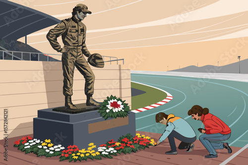 Vector illustration of a legendary F1 driver's memorial statue, honoring a racing icon.