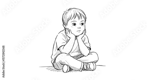 Boy with Down syndrome sitting thoughtfully on white background