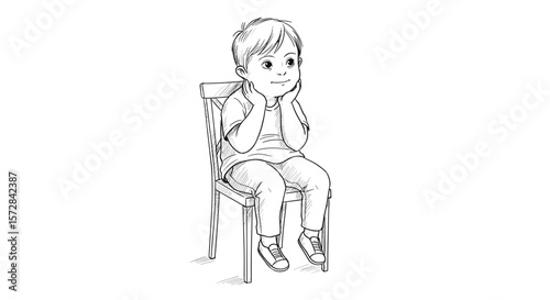 Curious boy with Down syndrome sitting on a chair, listening attentively, copy space