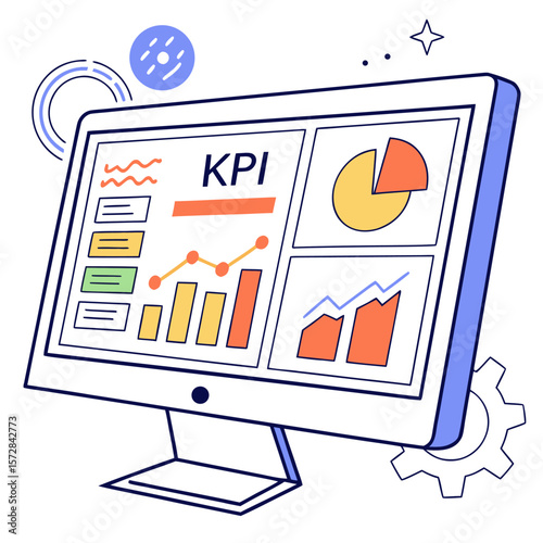 Illustration of a desktop computer screen displaying key performance indicators and data charts analysis
