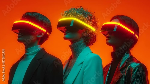 Virtual Reality people in neon light engaging with air while gaming. virtual reality game, wearing VR headset that offers a 360-degree experience, set against a dark background illuminated by vibran
