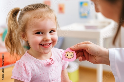 Cheerful toddler girl playing with doctor during medical examination