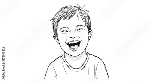 Boy with Down syndrome joyfully laughing, white background, copy space