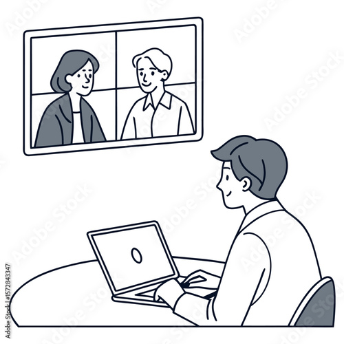 A man attends a virtual meeting on his laptop with two people on the screen in a video conference call