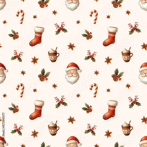 Seamless Christmas pattern, hand drawn watercolor style. Santa Claus, red berries, sock, candy cane, star anise. Light pastel beige, yellow white background color
