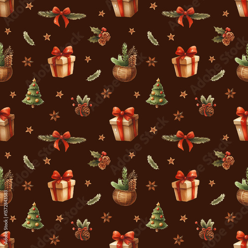 Seamless Christmas pattern, hand drawn watercolor style. Presents, red berries, Christmas tree, star anise, pine branches, bow, basket with decor. Rich dark deep red brown background color