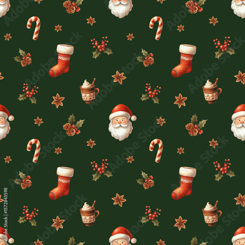 Seamless Christmas pattern, hand drawn watercolor style. Santa Claus, red berries, sock, candy cane, star anise. Dark deep green background color