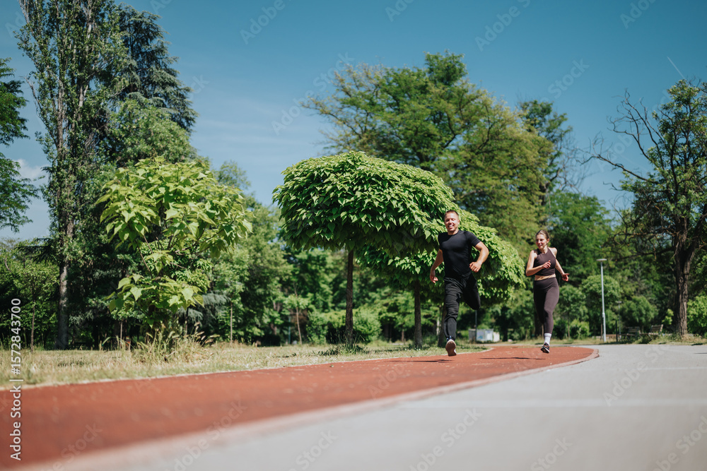 Fototapeta premium A couple exercising outdoors by jogging on a sunny day in a lush, green park. They express energy and well-being while enjoying their fitness journey amid nature's beauty and tranquility.
