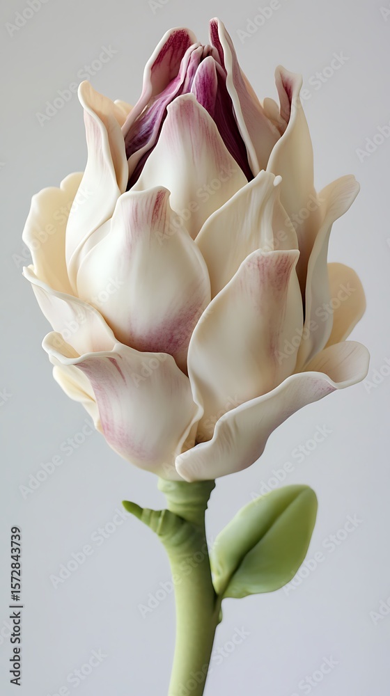 Fototapeta premium Elegant single artificial flower bloom with cream petals and purple accents, studio shot