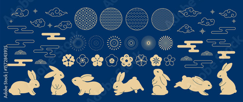 Mid Autumn Festival gold elements vector set. collection of cute rabbit, cloud, cherry blossom, firework, pattern. Design for packaging, product, card, poster, ads.