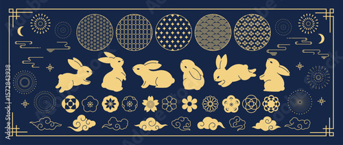 Mid Autumn Festival gold elements vector set. collection of cute rabbit, cloud, cherry blossom, firework, moon, pattern. Design for packaging, product, card, poster, ads.