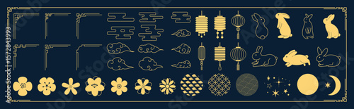 Mid Autumn Festival gold elements vector set. collection of cute rabbit, cloud, cherry blossom, corner, lantern, moon, pattern. Design for packaging, product, card, poster, ads.