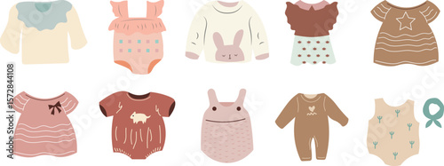 Flat vector icons of babywear and outfits: holiday costume, baby cardigan, swim diaper, sunhat with chin strap, overalls, snowsuit, themed pajamas, cotton romper.