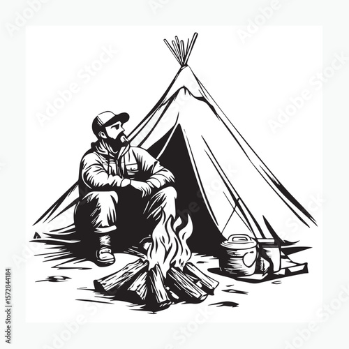 man camping with campfire