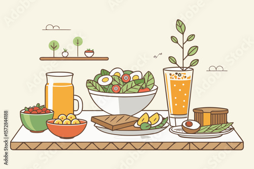 A minimalist vector illustration of a cafe brunch with toast and salad.