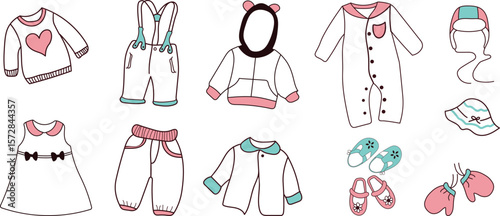 Flat vector icons of babywear and outfits: holiday costume, baby cardigan, swim diaper, sunhat with chin strap, overalls, snowsuit, themed pajamas, cotton romper
