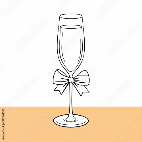 Line art champaign glass with bow. Coquette outline illustration of cocktail drink. Hand drawn doodle bar element. Vector graphic