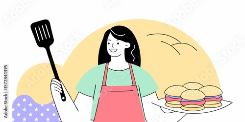 Smiling woman in apron holding a spatula and burgers, perfect for culinary designs and promoting grilling or catering events.