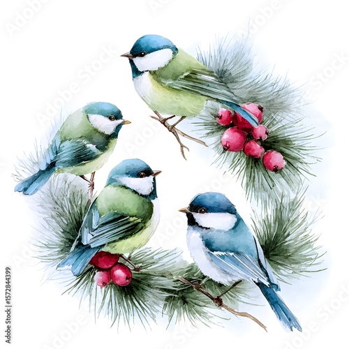 Watercolor birds perched on festive pine and berry wreath — cozy winter decor, holiday greeting design, nature-inspired Christmas art