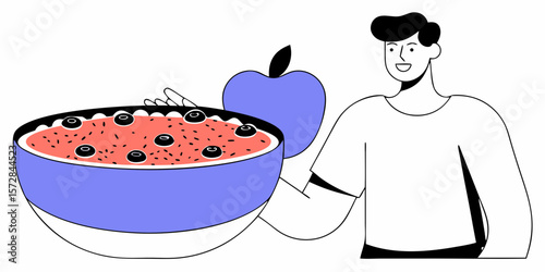 A graphic of a person holding an apple and a bowl of oatmeal with blueberries, suitable for health and wellness designs, or logo elements.