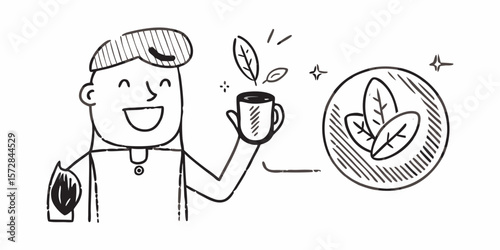 Joyful person enjoying herbal tea, a hand-drawn style graphic for health and wellness branding, suitable for organic products and eco-friendly concepts.